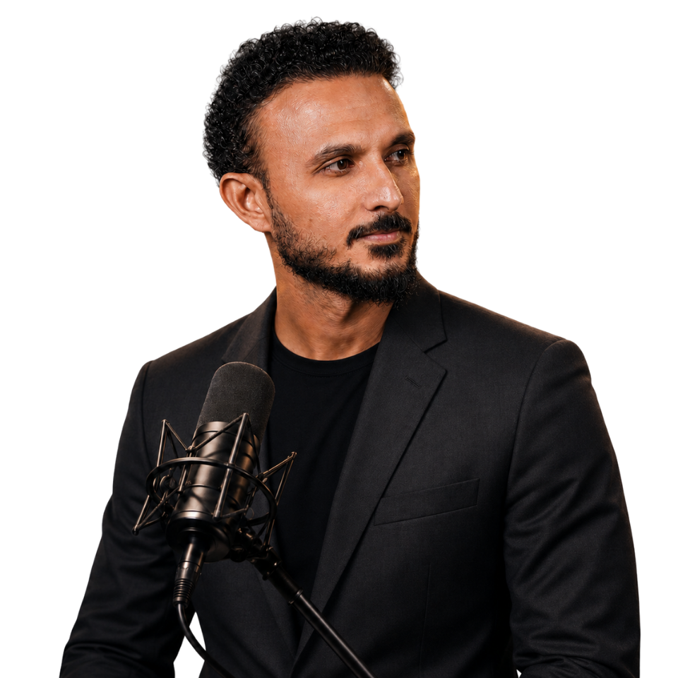 Paras Dhakan speaking at a podcast microphone